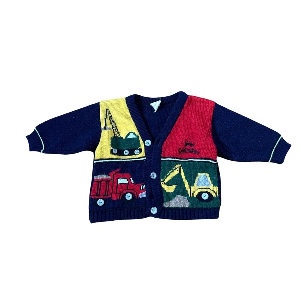 United Construction Co Cardigan Boys Navy Multi Truck Vintage Style SIZE 12M